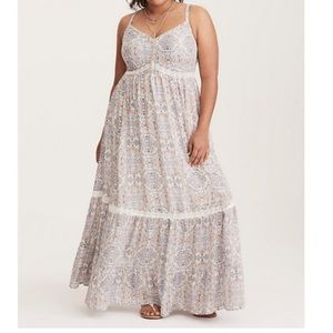 Lace inset tiered challis maxi dress